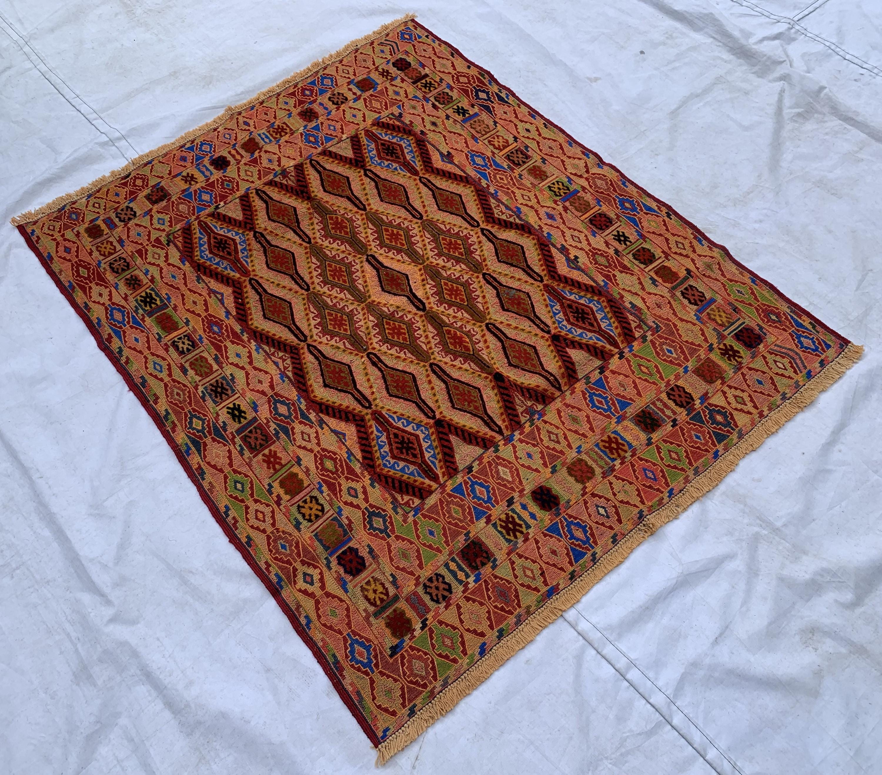 Vintage Herati Kilim Rug 3'5x4'2ft – Handwoven Wool Wall Hanging, Tribal Flatweave Rug, Boho Accent Carpet, Persian Small Decor 130x107cm