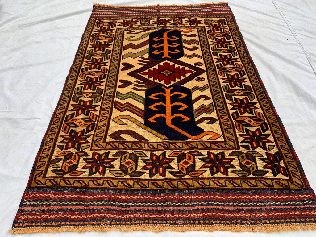 4x6ft, Vintage Baluchi Rug – Turkmen Handwoven Wool Tribal Area Rug, Persian Nomadic Carpet, Boho Decor, Geometric Oriental Rug, Bedroom Rug