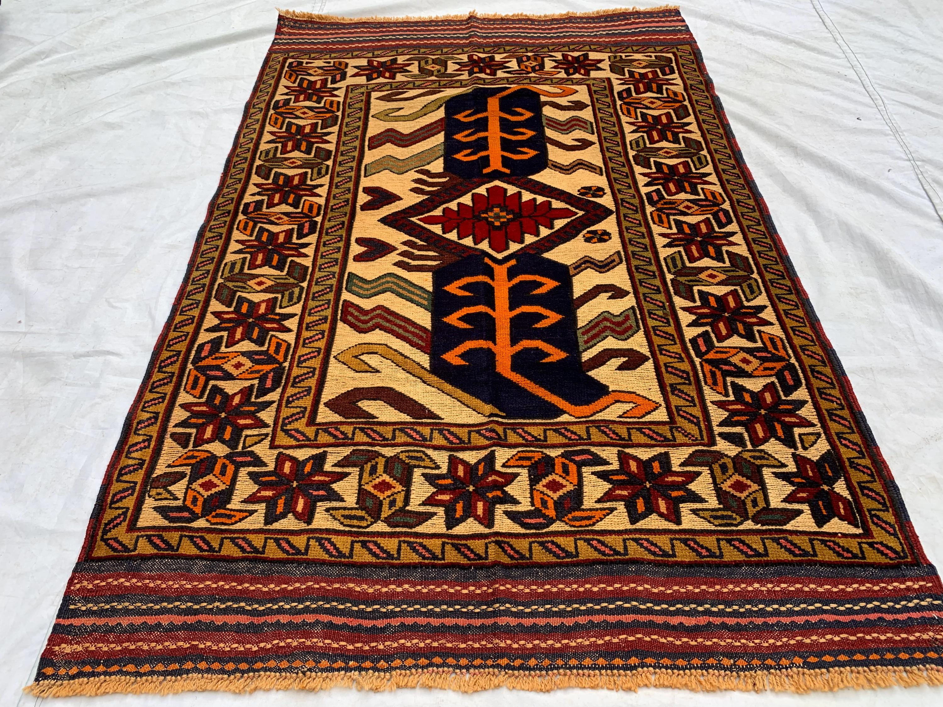 4x6ft, Vintage Baluchi Rug – Turkmen Handwoven Wool Tribal Area Rug, Persian Nomadic Carpet, Boho Decor, Geometric Oriental Rug, Bedroom Rug