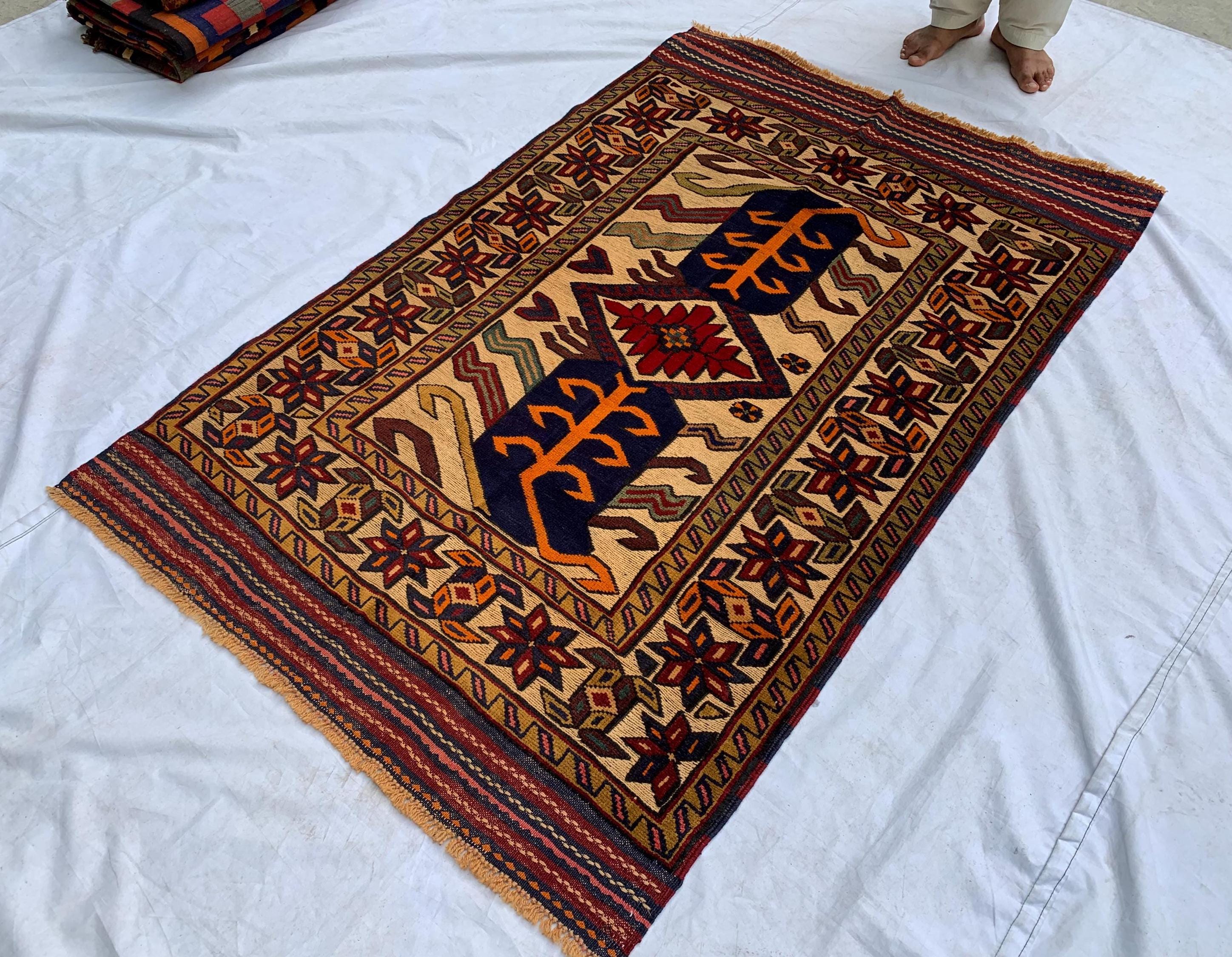4x6ft, Vintage Baluchi Rug – Turkmen Handwoven Wool Tribal Area Rug, Persian Nomadic Carpet, Boho Decor, Geometric Oriental Rug, Bedroom Rug