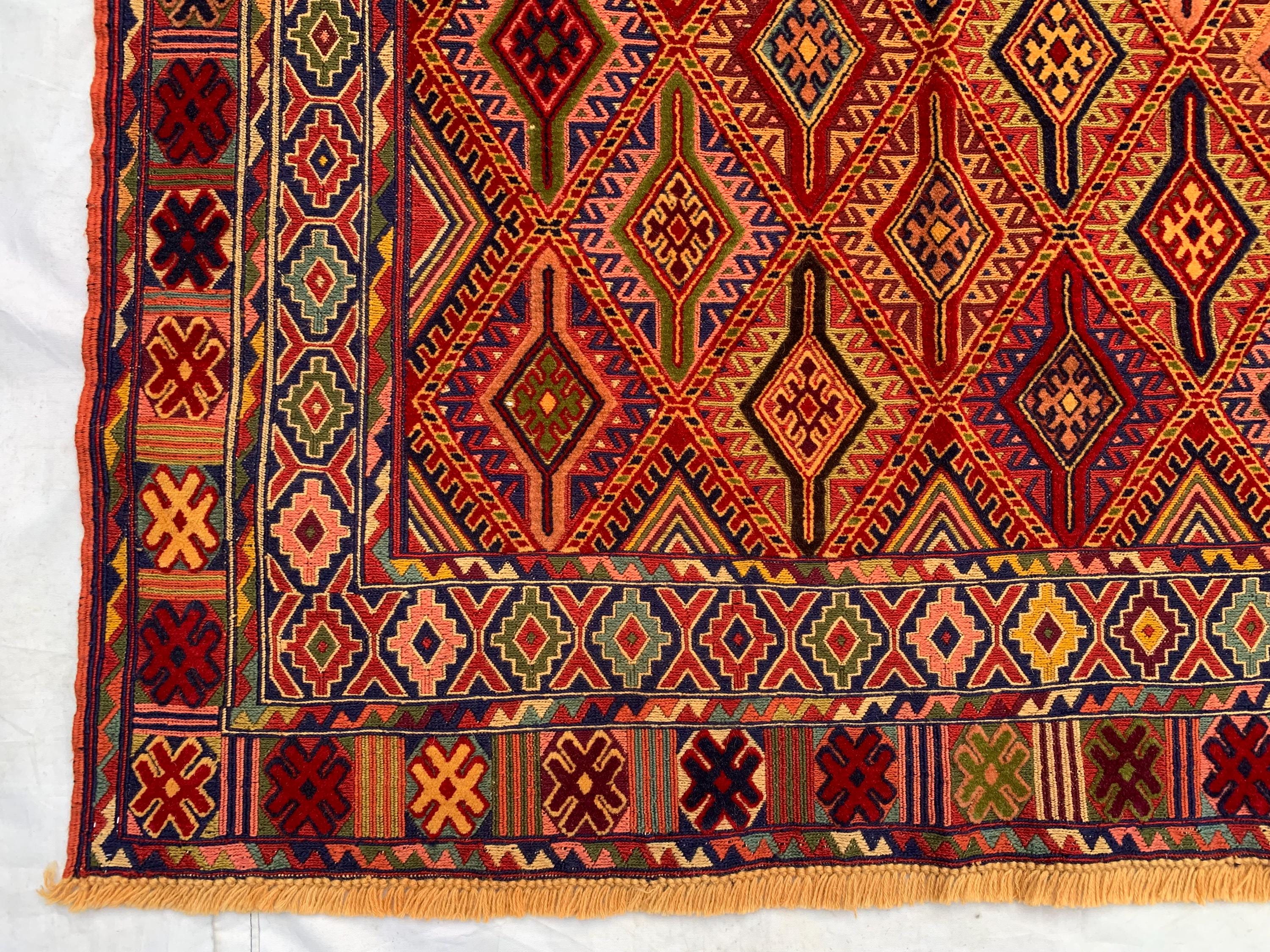 3x5 Vintage Kilim Rug – Red Orange Geometric Wool Rug, Handwoven Tribal Carpet, Boho Wall Hanging or Accent Rug, Southwest Decor 145x113cm