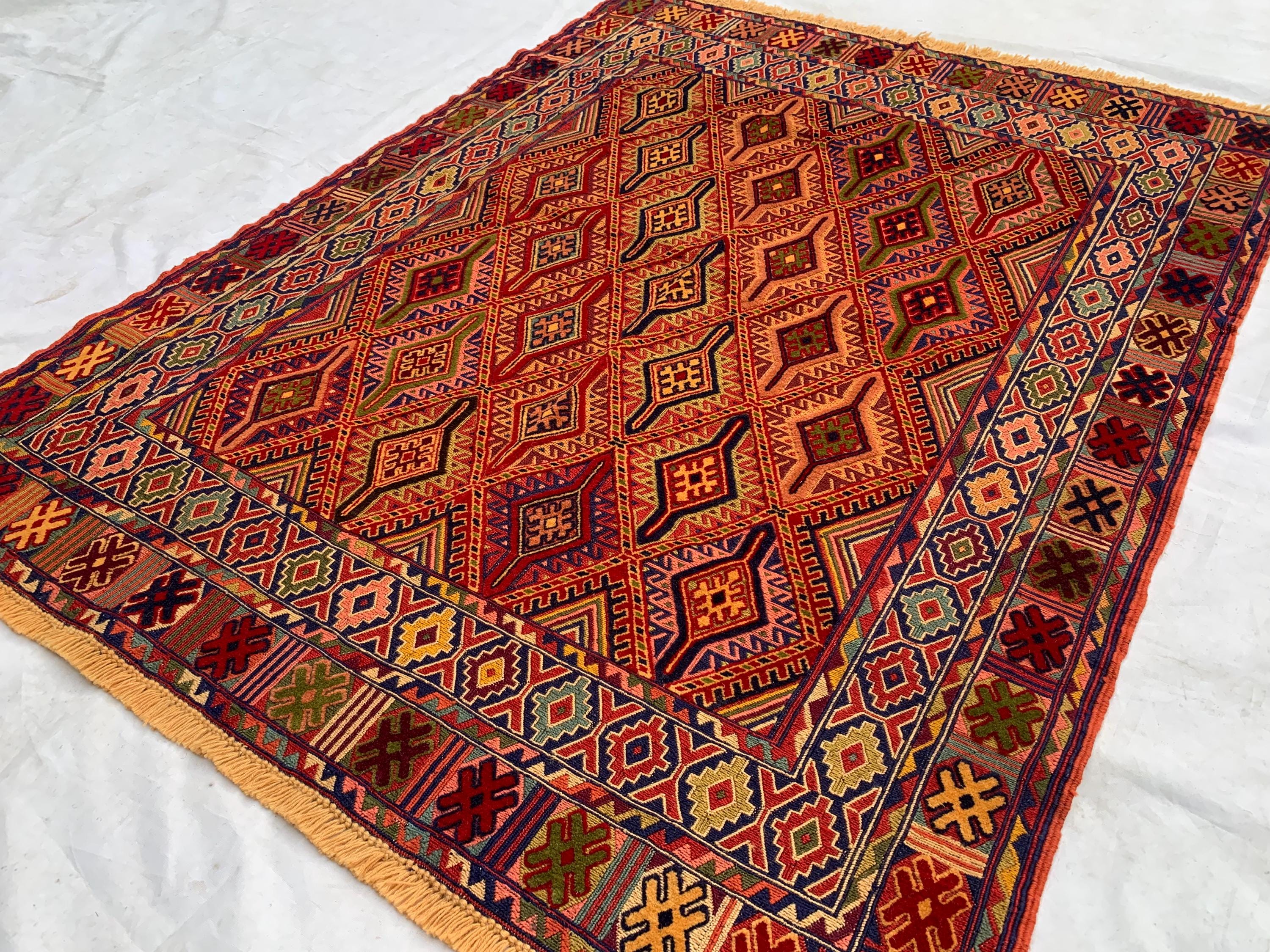 3x5 Vintage Kilim Rug – Red Orange Geometric Wool Rug, Handwoven Tribal Carpet, Boho Wall Hanging or Accent Rug, Southwest Decor 145x113cm