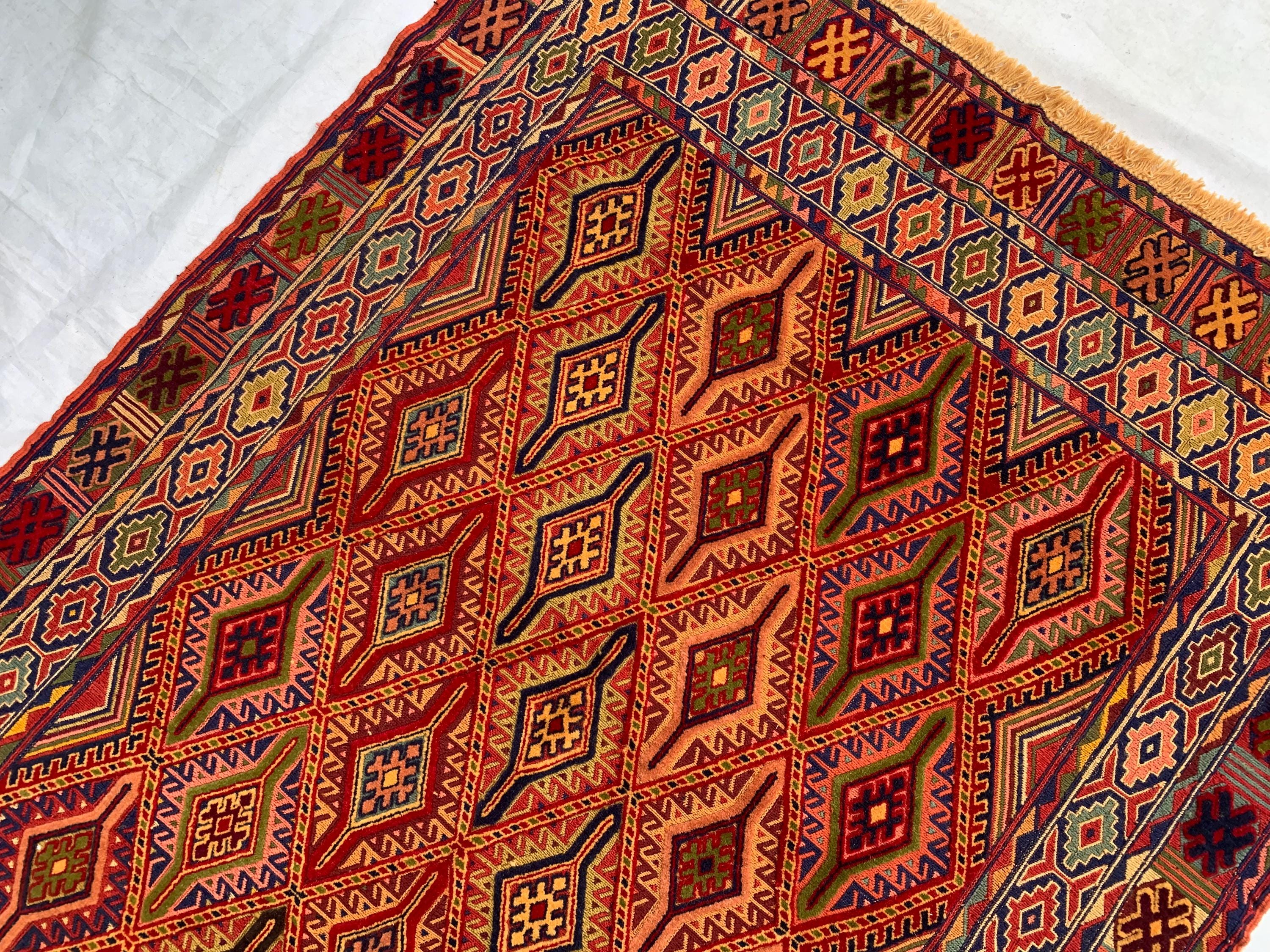 3x5 Vintage Kilim Rug – Red Orange Geometric Wool Rug, Handwoven Tribal Carpet, Boho Wall Hanging or Accent Rug, Southwest Decor 145x113cm