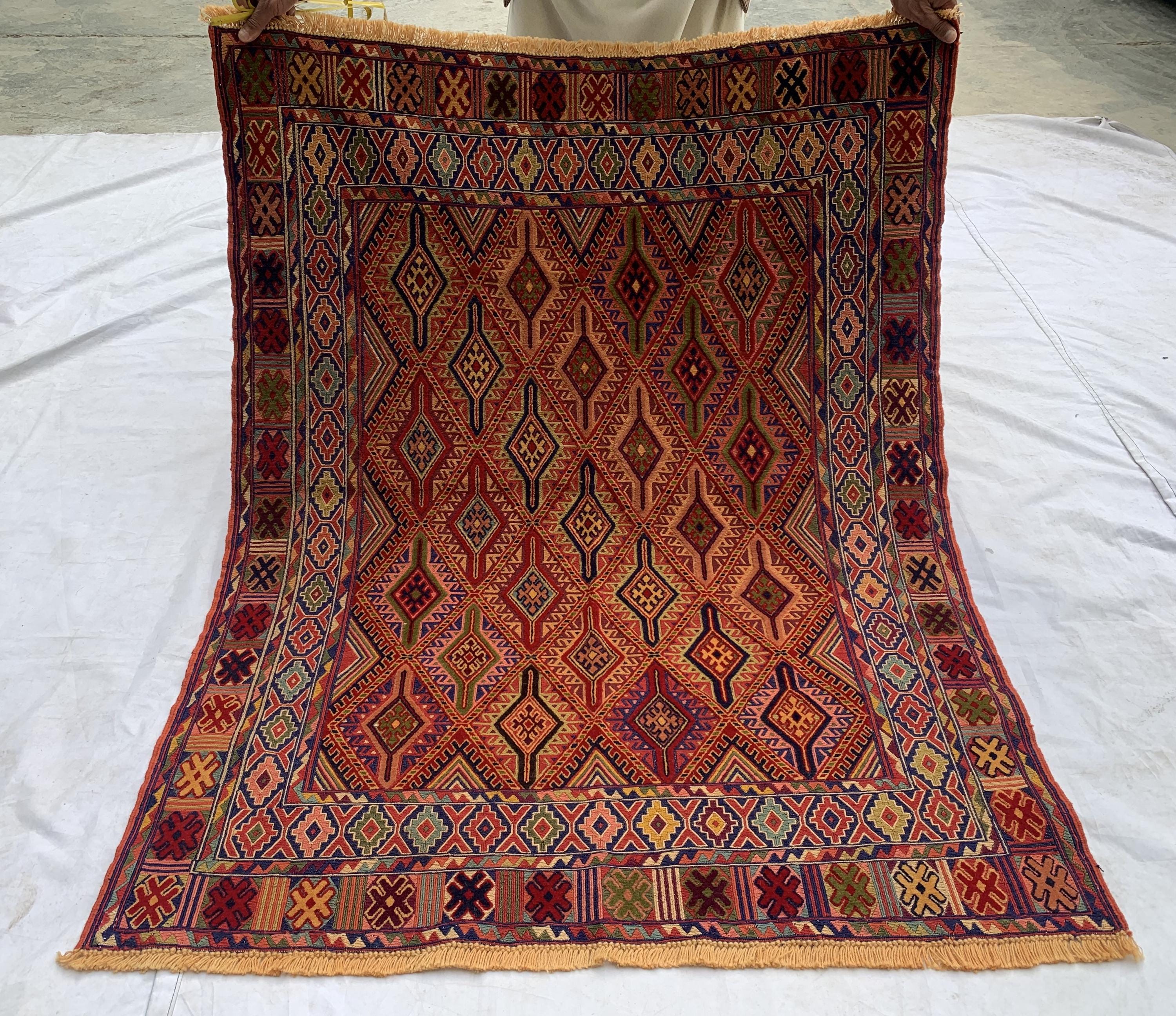 3x5 Vintage Kilim Rug – Red Orange Geometric Wool Rug, Handwoven Tribal Carpet, Boho Wall Hanging or Accent Rug, Southwest Decor 145x113cm