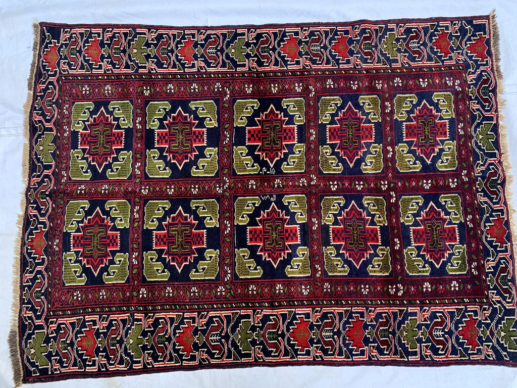 Antique Baluchi Rug 4'5x3'3ft –Red Green Handwoven Wool Tribal Rug, Persian Nomadic Carpet, Small Area Rug, Boho Home Decor, Collectible Rug