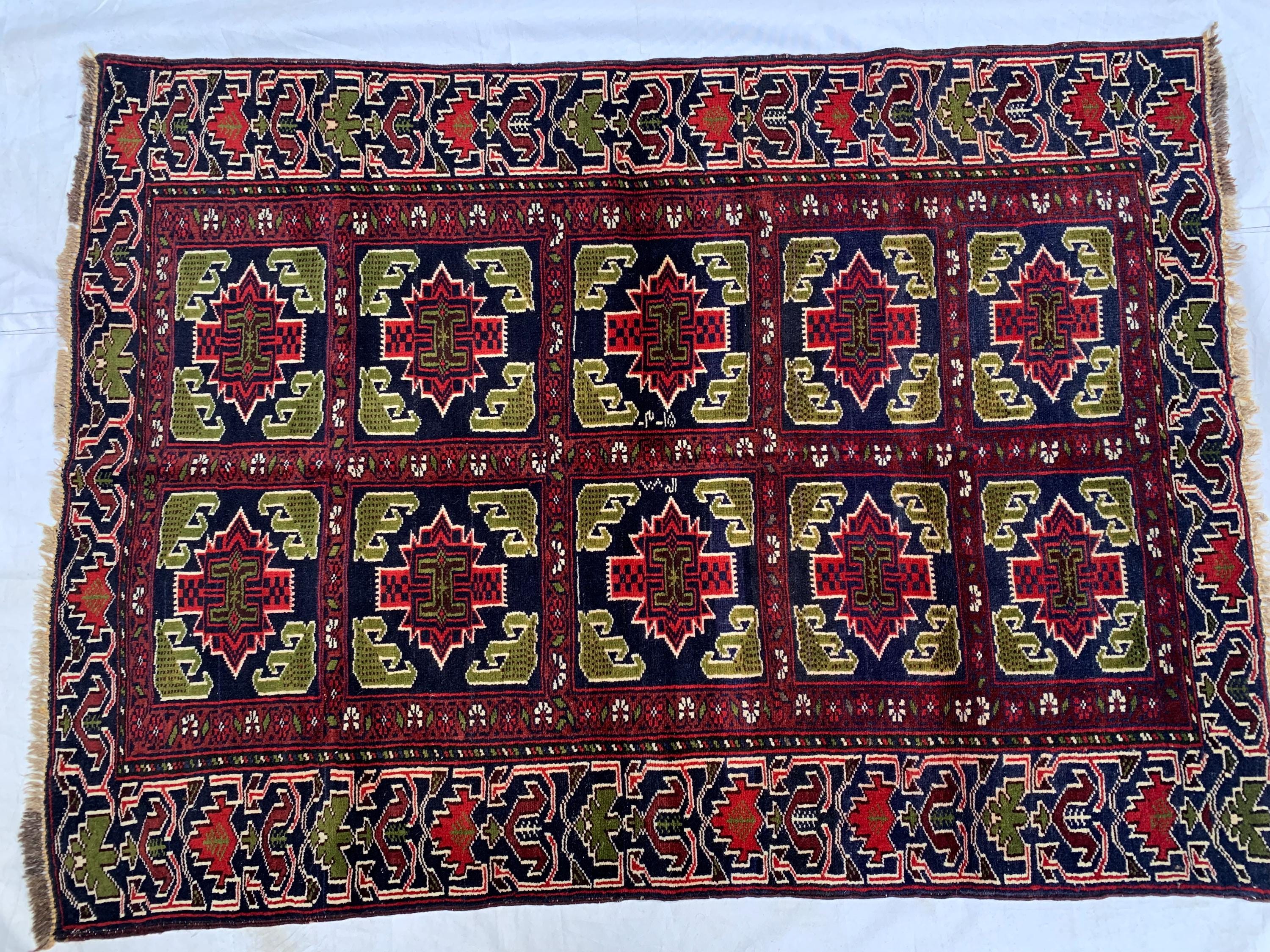Antique Baluchi Rug 4'5x3'3ft –Red Green Handwoven Wool Tribal Rug, Persian Nomadic Carpet, Small Area Rug, Boho Home Decor, Collectible Rug