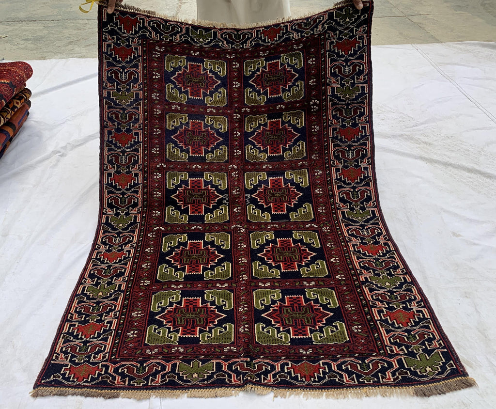 Antique Baluchi Rug 4'5x3'3ft –Red Green Handwoven Wool Tribal Rug, Persian Nomadic Carpet, Small Area Rug, Boho Home Decor, Collectible Rug