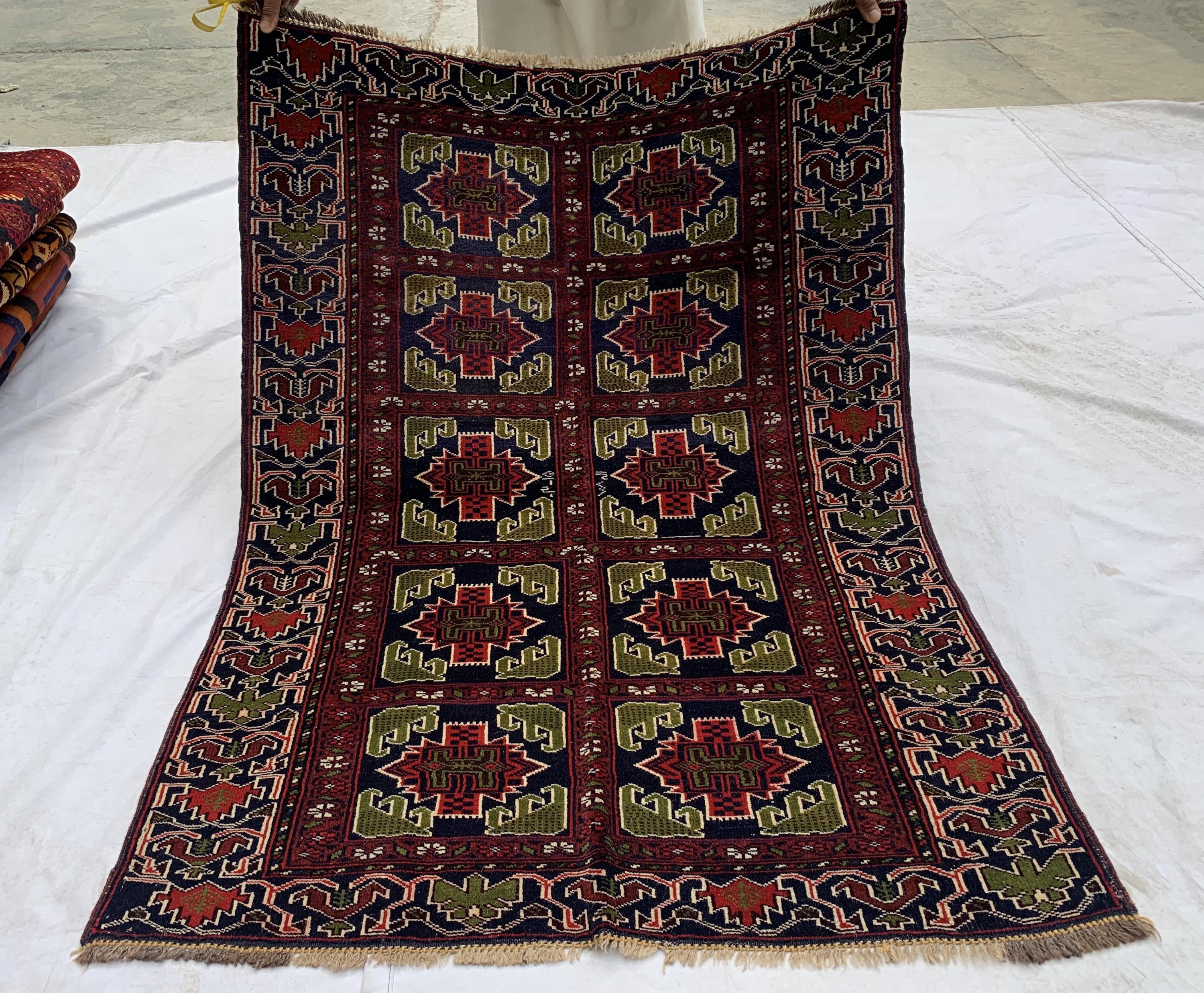 Antique Baluchi Rug 4'5x3'3ft –Red Green Handwoven Wool Tribal Rug, Persian Nomadic Carpet, Small Area Rug, Boho Home Decor, Collectible Rug