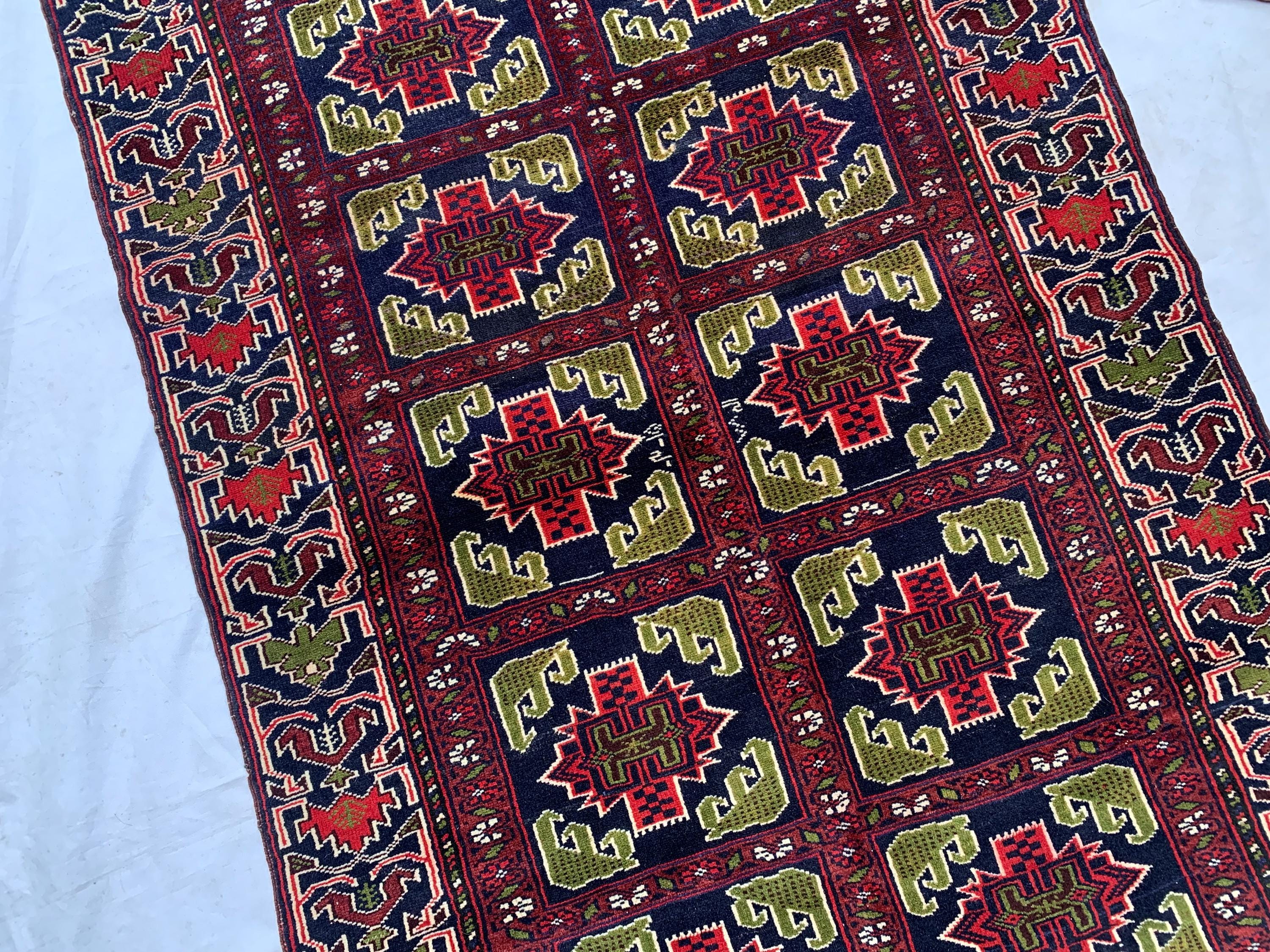 Antique Baluchi Rug 4'5x3'3ft –Red Green Handwoven Wool Tribal Rug, Persian Nomadic Carpet, Small Area Rug, Boho Home Decor, Collectible Rug