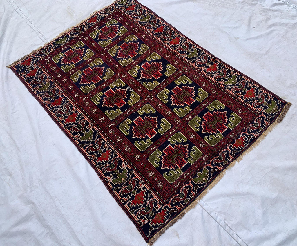 Antique Baluchi Rug 4'5x3'3ft –Red Green Handwoven Wool Tribal Rug, Persian Nomadic Carpet, Small Area Rug, Boho Home Decor, Collectible Rug