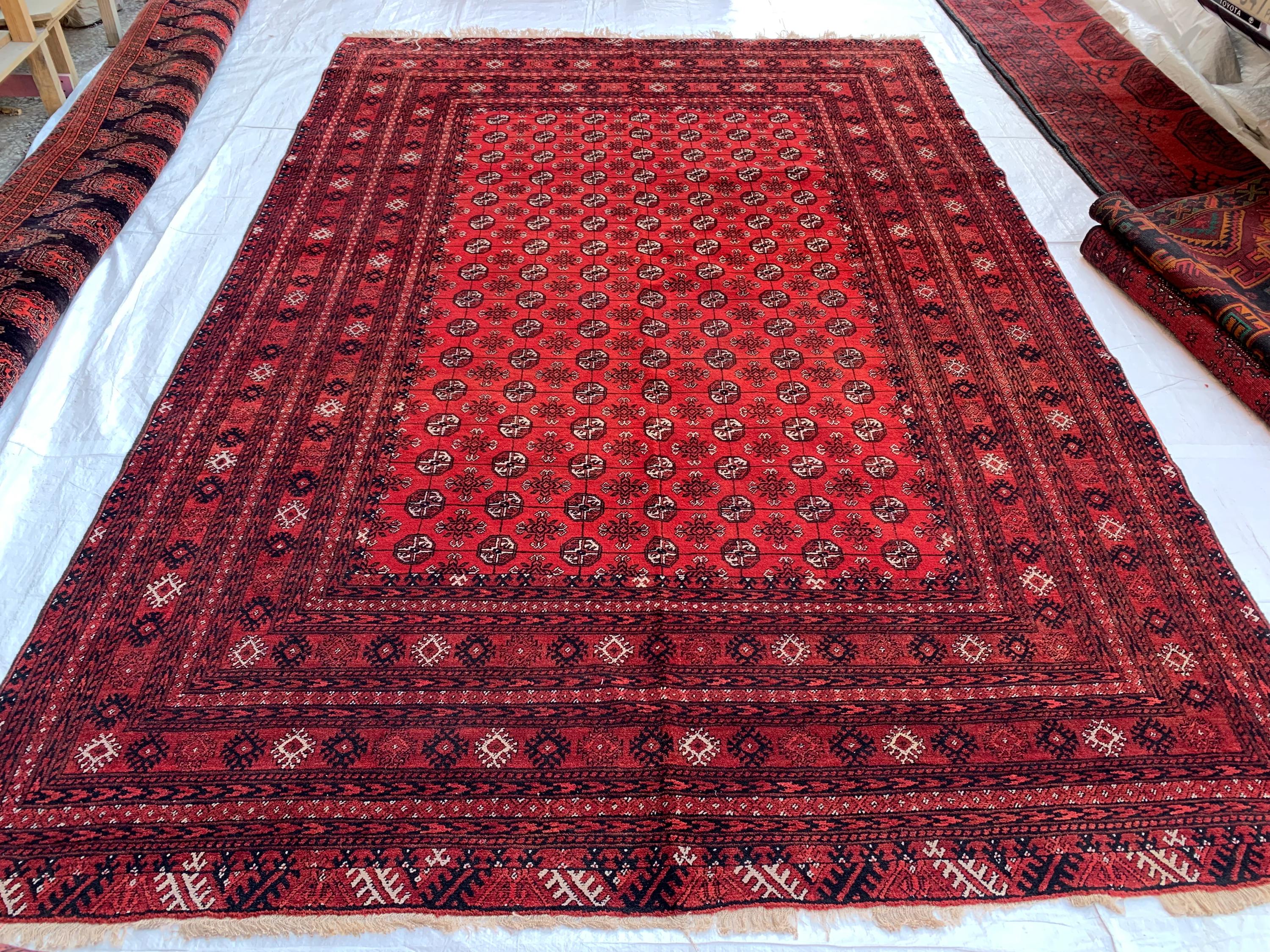Vintage Mori Gul Rug 9.7x6.5 Ft – For Lovers of Old Rugs, Handwoven Afghan Wool Carpet, Tribal Bokhara Red Area Rug, Oriental Boho Decor
