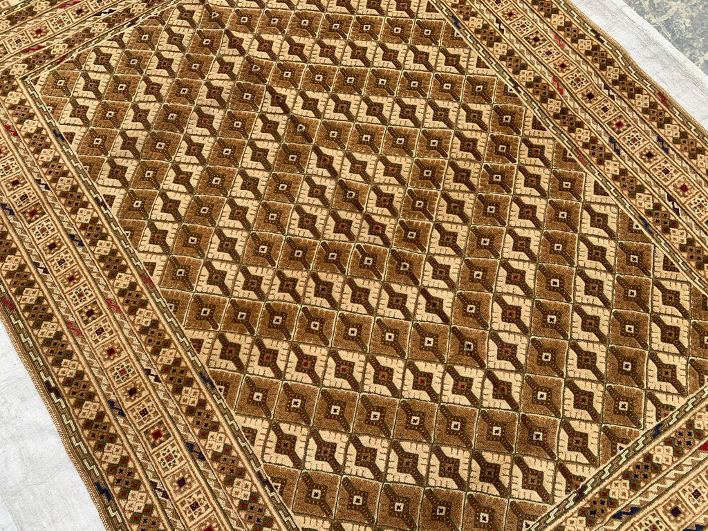 5x7ft Handmade Wool Rug – Brown & Beige Geometric Pattern Area Carpet | Tribal Boho Floor Decor | Hand-Knotted Oriental Rug for Living Room