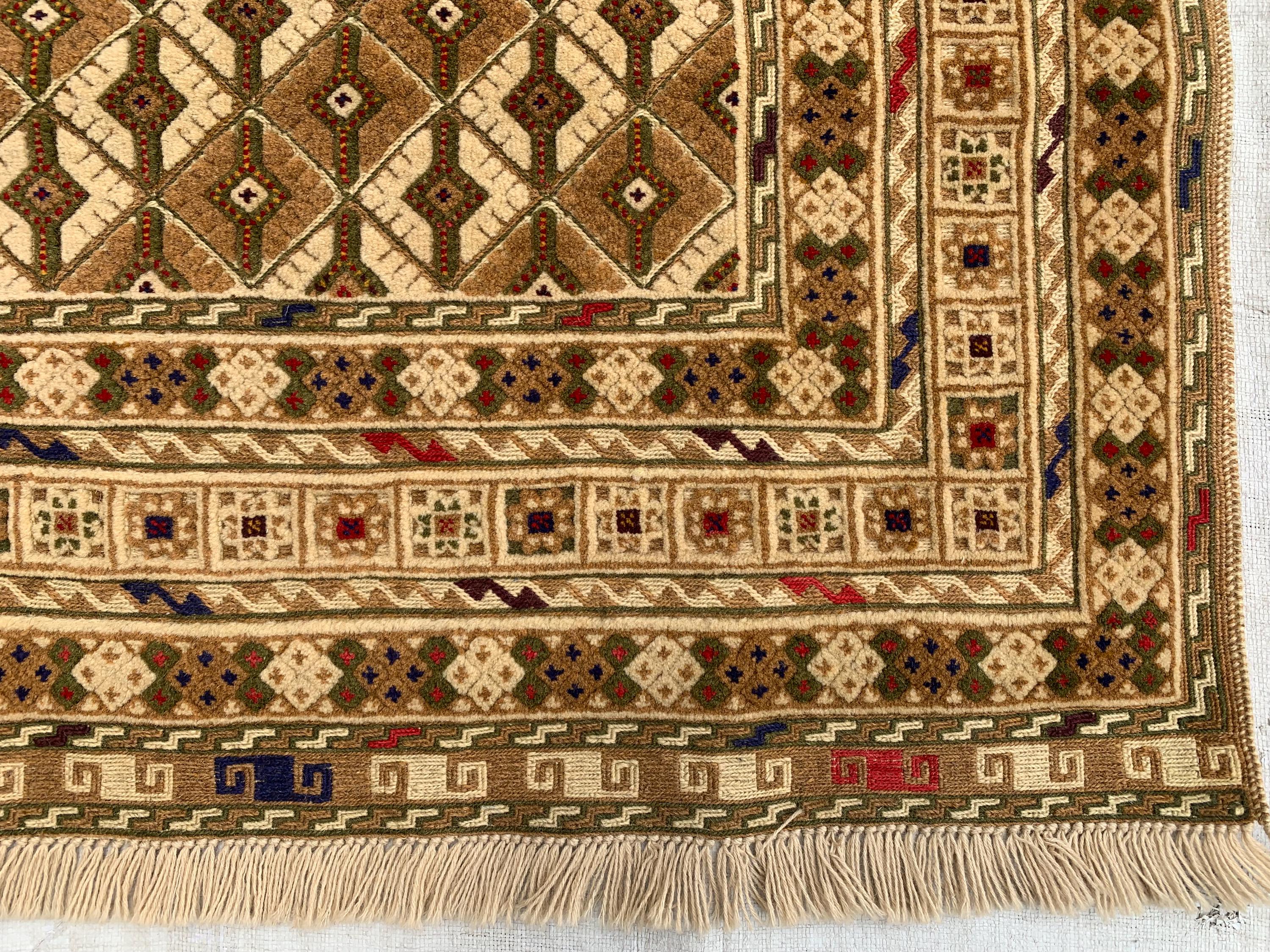 5x7ft Handmade Wool Rug – Brown & Beige Geometric Pattern Area Carpet | Tribal Boho Floor Decor | Hand-Knotted Oriental Rug for Living Room