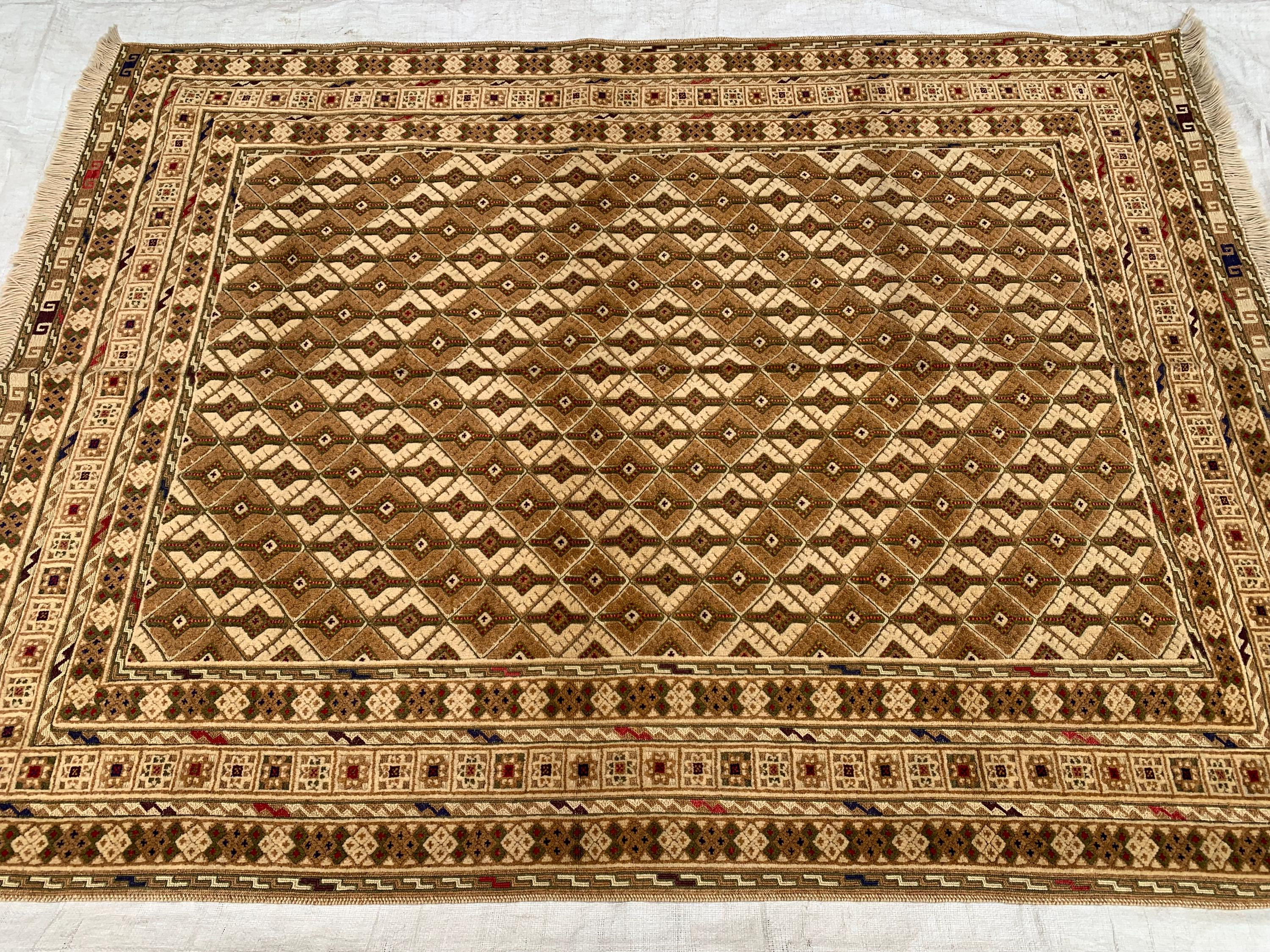 5x7ft Handmade Wool Rug – Brown & Beige Geometric Pattern Area Carpet | Tribal Boho Floor Decor | Hand-Knotted Oriental Rug for Living Room