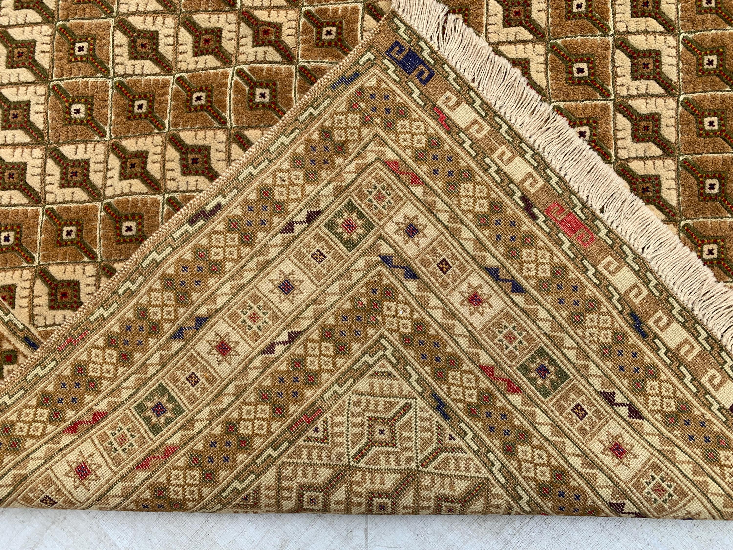 5x7ft Handmade Wool Rug – Brown & Beige Geometric Pattern Area Carpet | Tribal Boho Floor Decor | Hand-Knotted Oriental Rug for Living Room