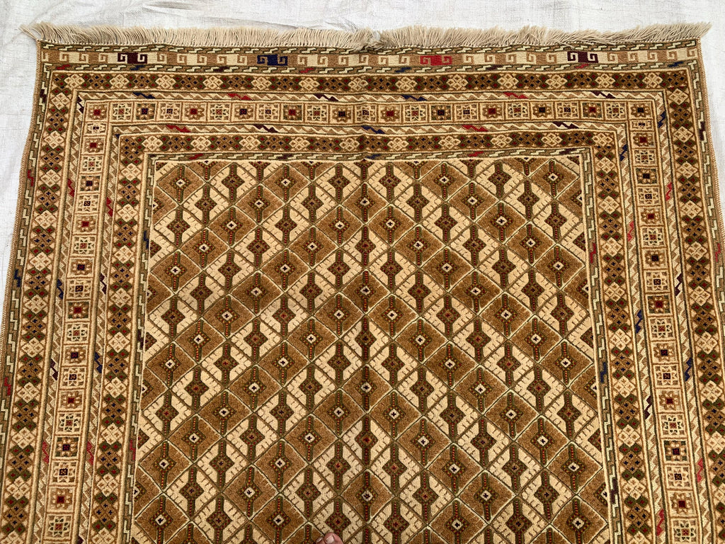 5x7ft Handmade Wool Rug – Brown & Beige Geometric Pattern Area Carpet | Tribal Boho Floor Decor | Hand-Knotted Oriental Rug for Living Room