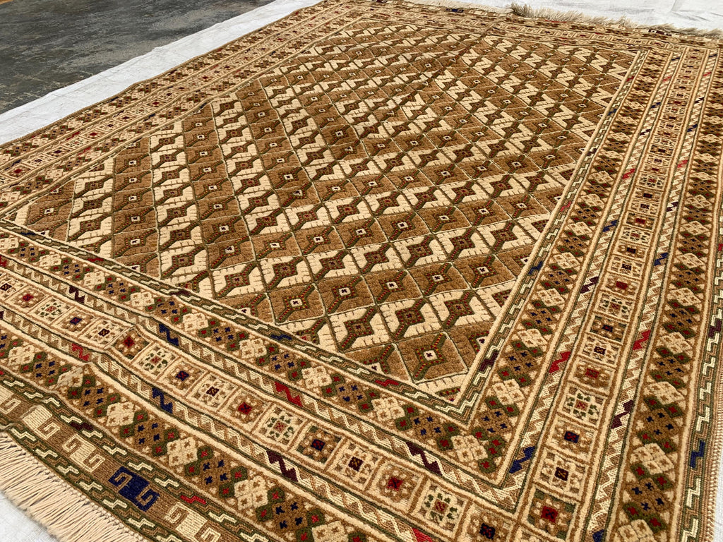 5x7ft Handmade Wool Rug – Brown & Beige Geometric Pattern Area Carpet | Tribal Boho Floor Decor | Hand-Knotted Oriental Rug for Living Room