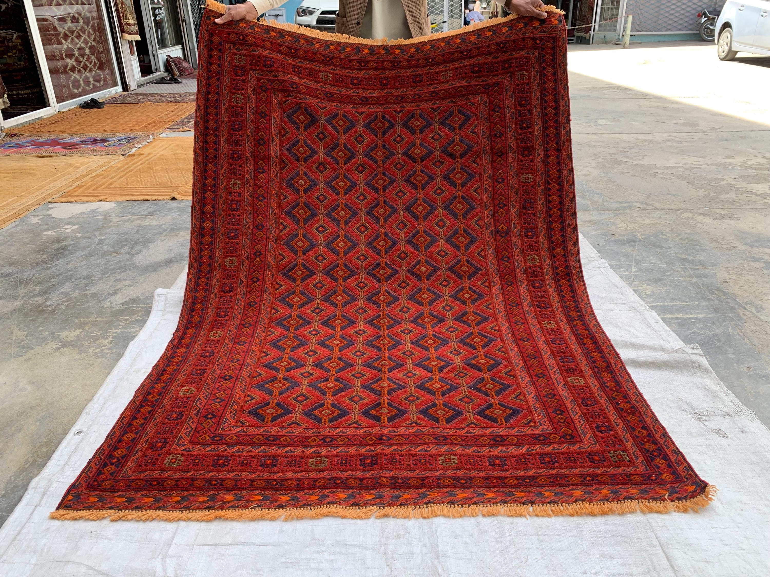 4'6x5'6ft, Vintage Afghan Rug – Handmade Wool Red and Blue Tribal Carpet | Geometric Oriental Area Rug for Living Room, Bedroom or Office