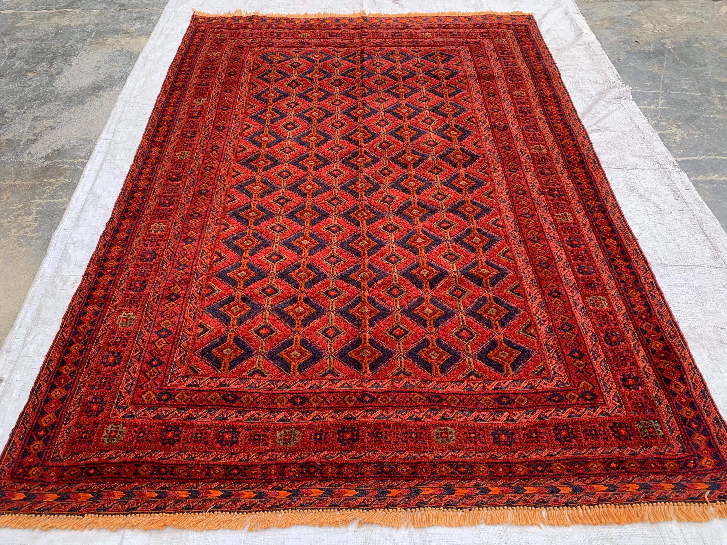4'6x5'6ft, Vintage Afghan Rug – Handmade Wool Red and Blue Tribal Carpet | Geometric Oriental Area Rug for Living Room, Bedroom or Office