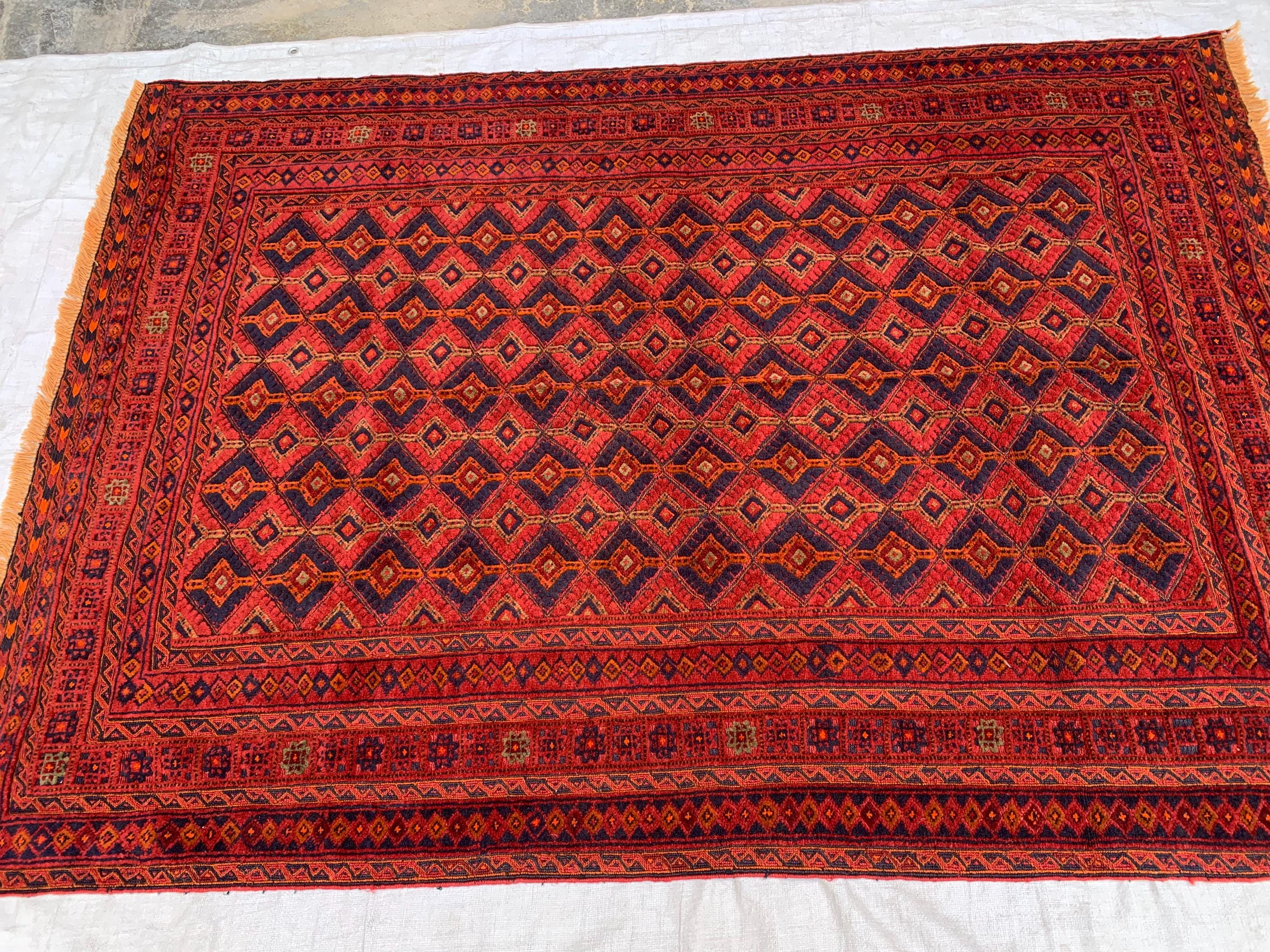 4'6x5'6ft, Vintage Afghan Rug – Handmade Wool Red and Blue Tribal Carpet | Geometric Oriental Area Rug for Living Room, Bedroom or Office