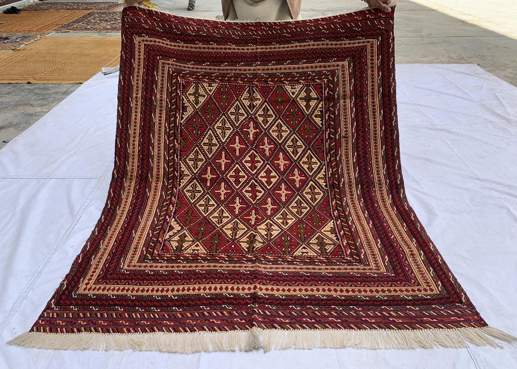Handwoven Tribal Traditional Afghan Rug, 5.4x4.4ft, Turkmen Wool Area Rug, Rug for bedroom, Office, Boho home decor