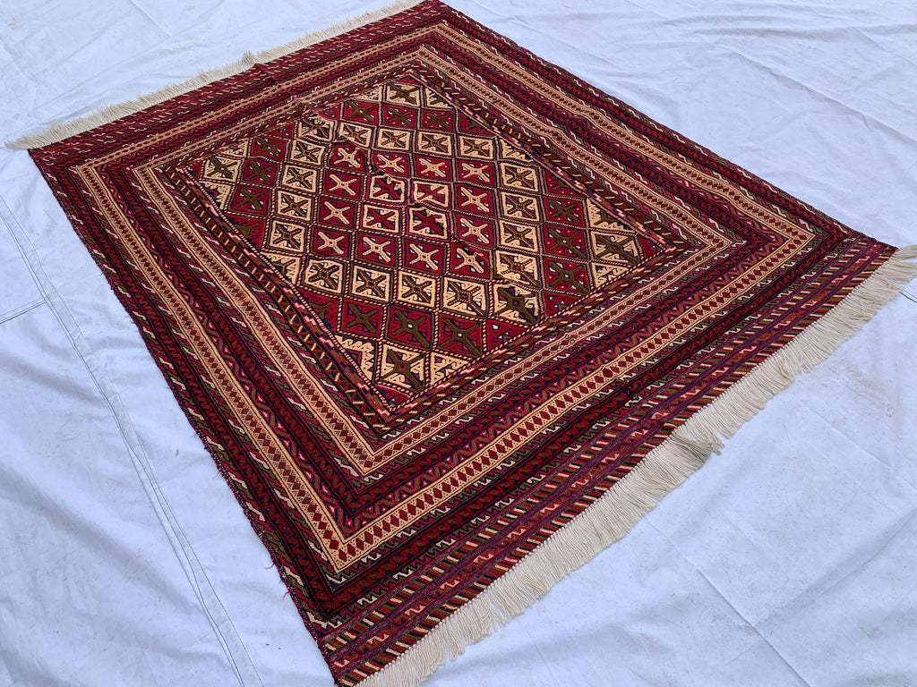 Handwoven Tribal Traditional Afghan Rug, 5.4x4.4ft, Turkmen Wool Area Rug, Rug for bedroom, Office, Boho home decor