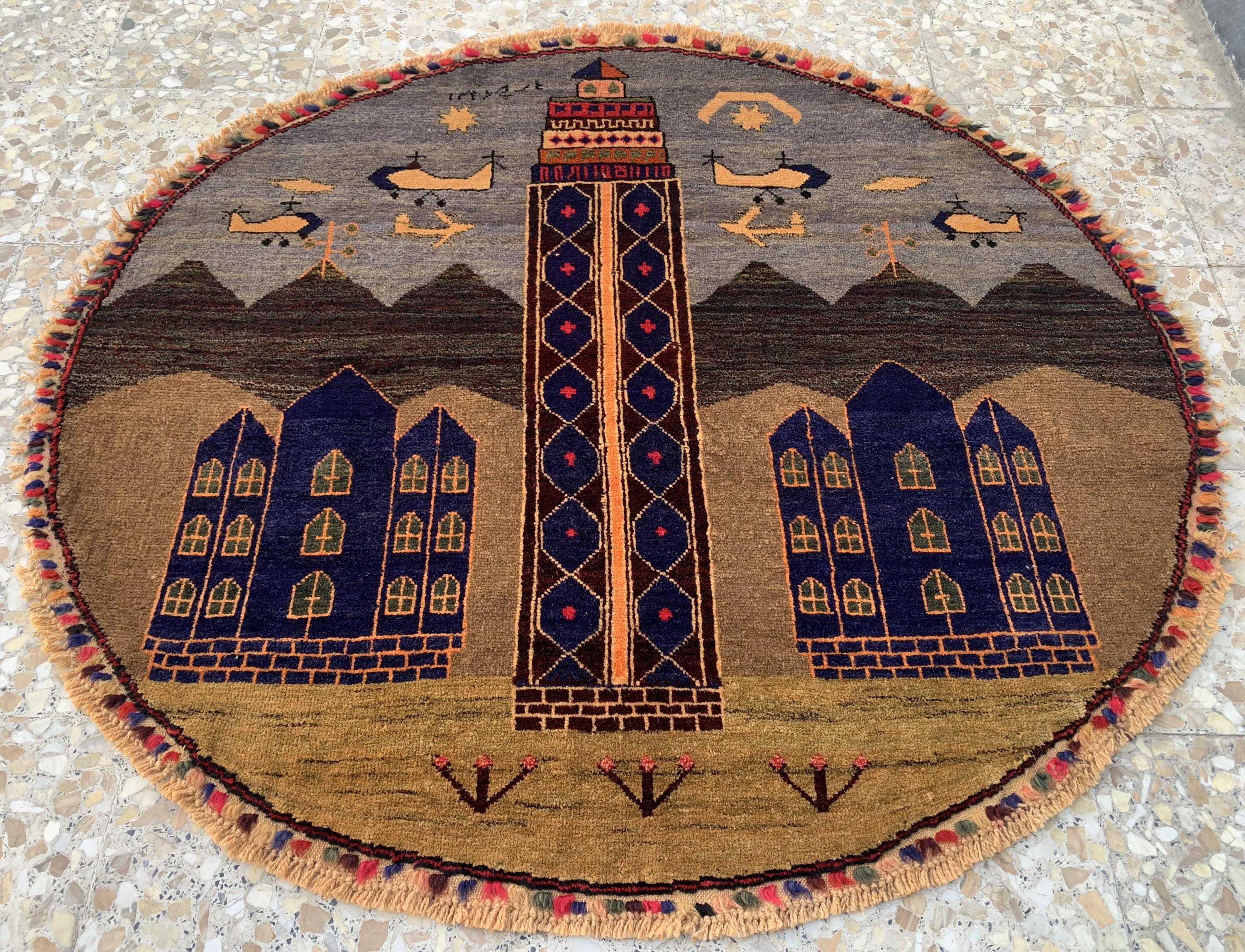 Vintage Afghan Pictorial Round wool Rug – Antique Handwoven Wool Carpet 4x4.4 ft – Tribal Art for Wall Hanging, Living Room, or Boho Decor,