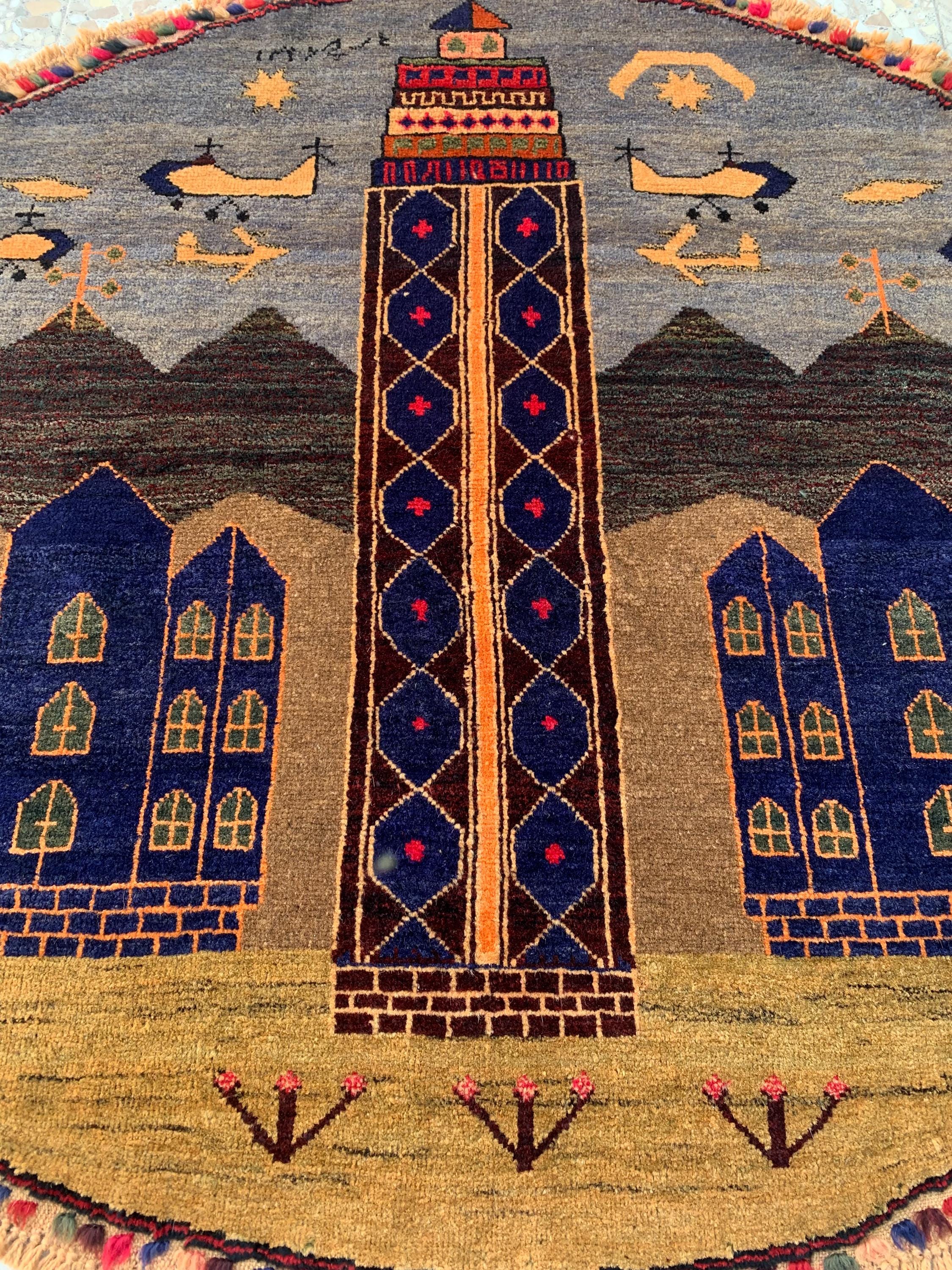 Vintage Afghan Pictorial Round wool Rug – Antique Handwoven Wool Carpet 4x4.4 ft – Tribal Art for Wall Hanging, Living Room, or Boho Decor,