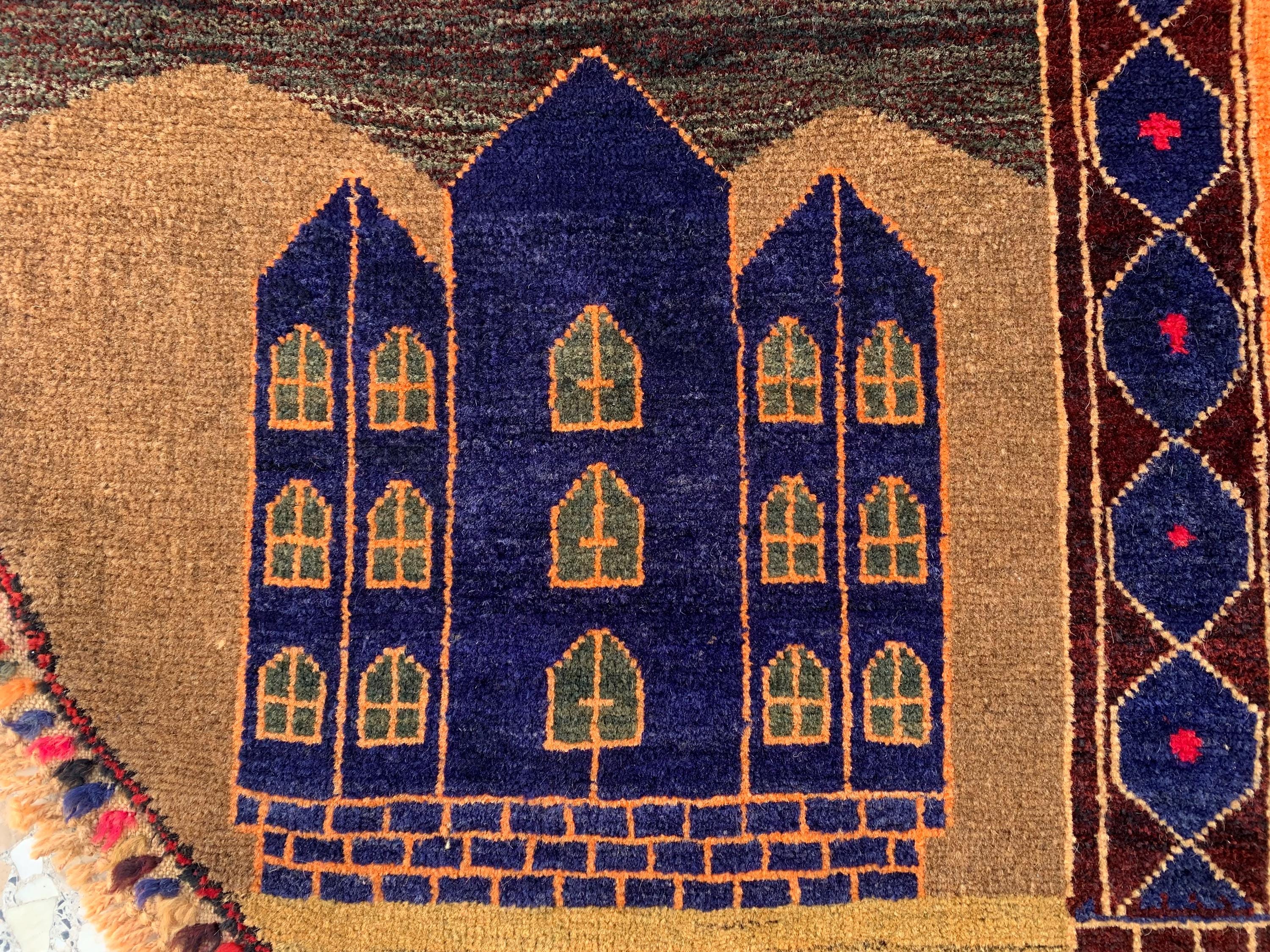 Vintage Afghan Pictorial Round wool Rug – Antique Handwoven Wool Carpet 4x4.4 ft – Tribal Art for Wall Hanging, Living Room, or Boho Decor,
