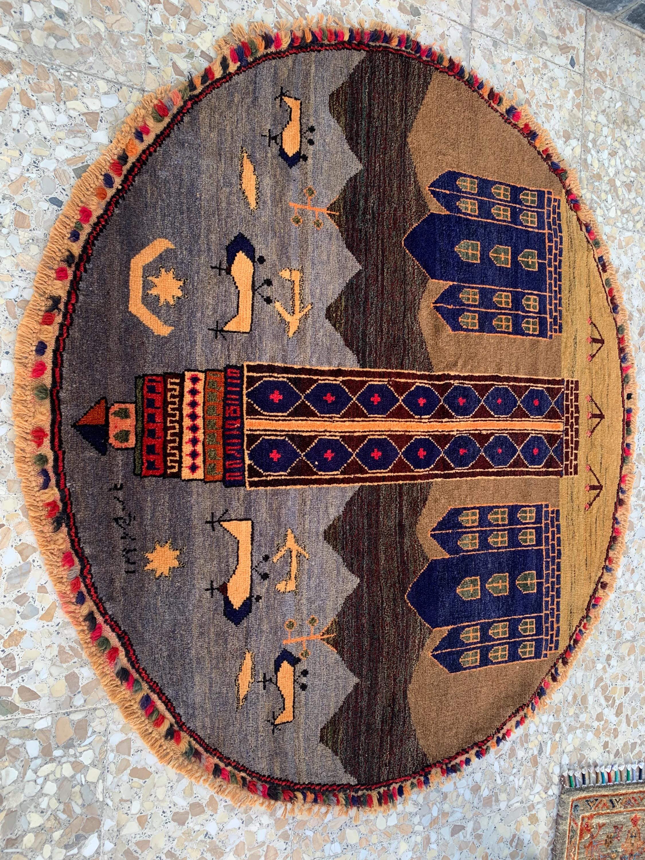Vintage Afghan Pictorial Round wool Rug – Antique Handwoven Wool Carpet 4x4.4 ft – Tribal Art for Wall Hanging, Living Room, or Boho Decor,