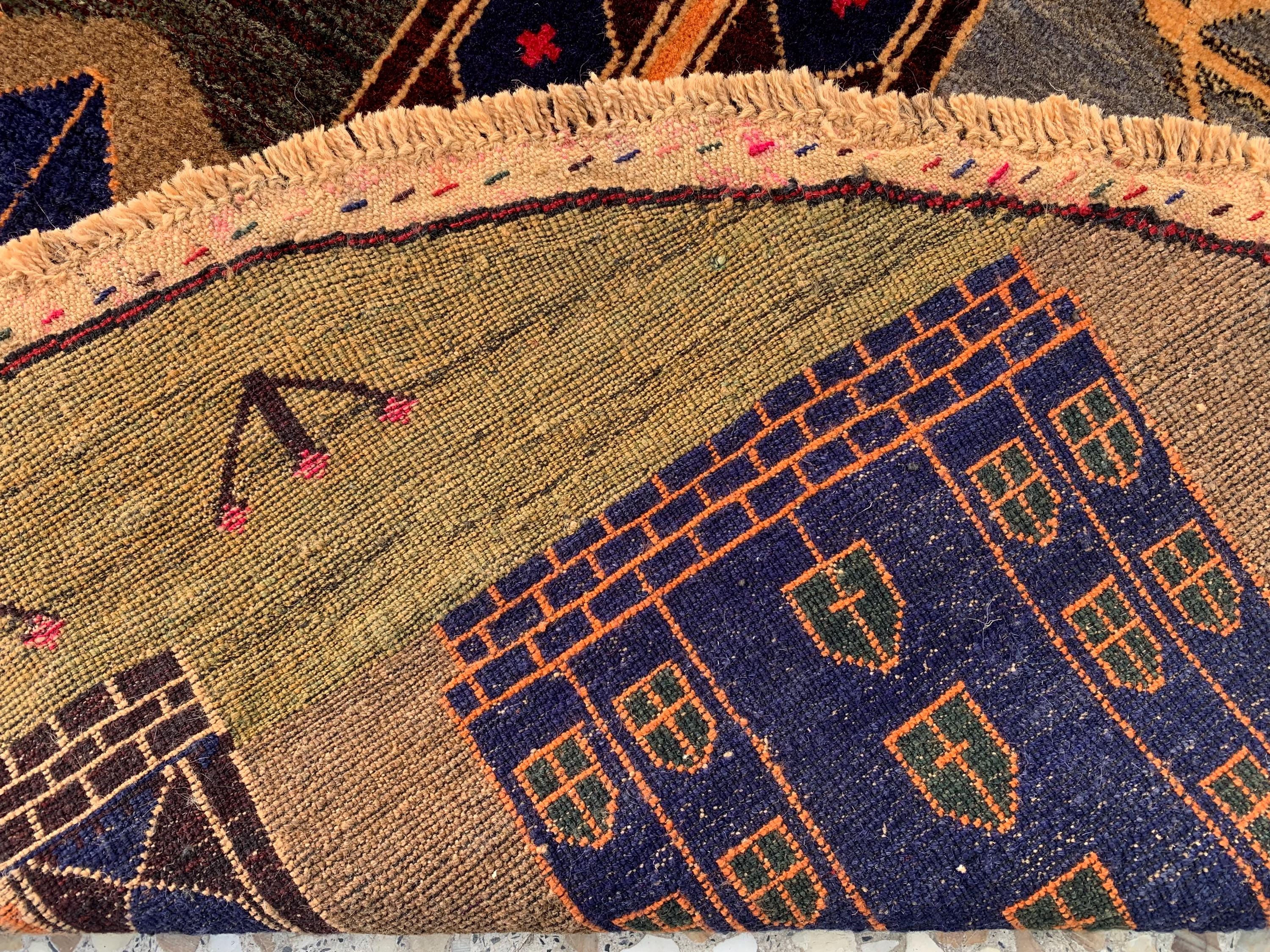 Vintage Afghan Pictorial Round wool Rug – Antique Handwoven Wool Carpet 4x4.4 ft – Tribal Art for Wall Hanging, Living Room, or Boho Decor,