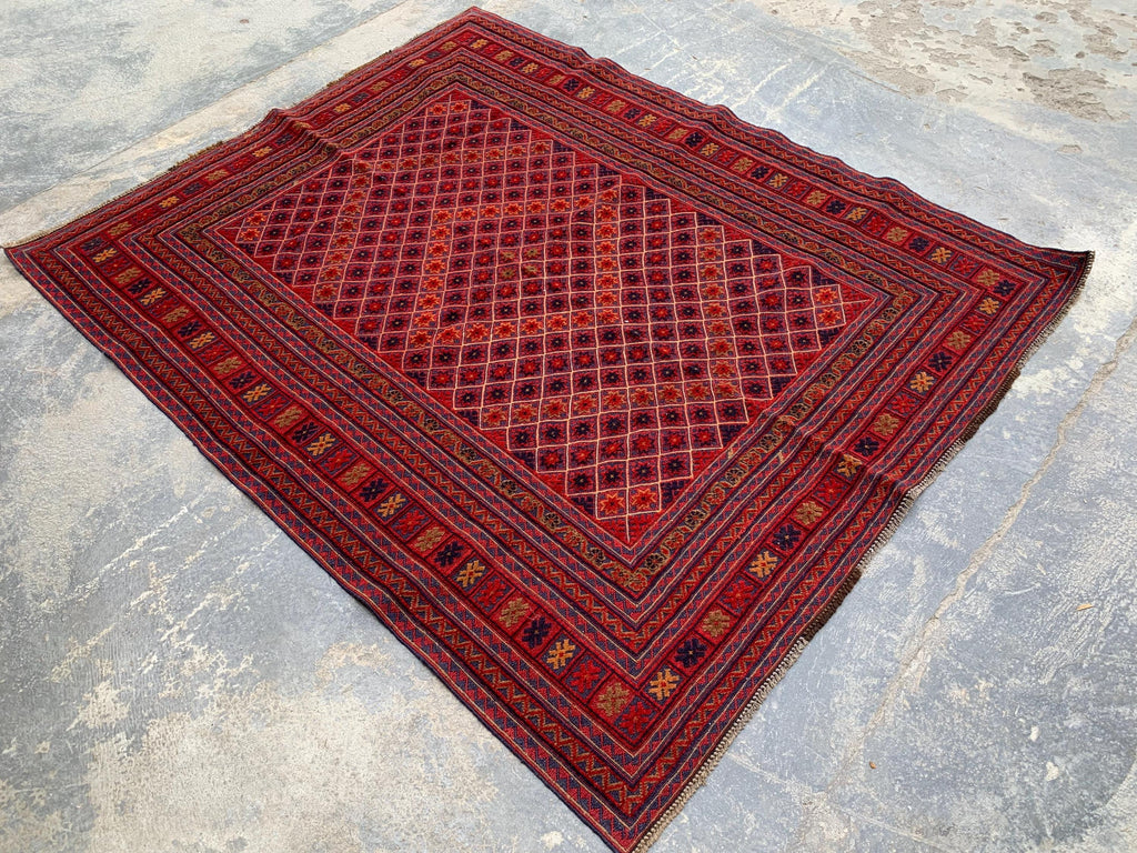 5x6ft, Flatweave Vintage Terracotta Kilim Rug, Turkmen Wool Rug, Afghan Geometric Rug, Living room rug, Bedroom rug, Farmhouse rug 185x150cm