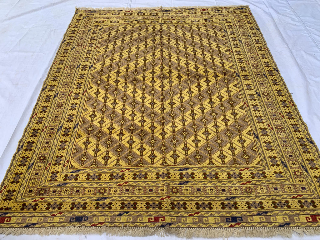 5.4x5ft, Flatweave Golden Yellow Kilim Rug, Turkmen Wool Rug, Afghan Handwoven Rug, Living Room Rug, Bedroom Rug, Farmhouse Rug 167x154 cm