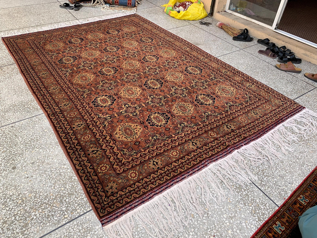 7x10ft Handmade Beljik Mazar Rug –Rust & Beige Afghan Wool Carpet, Tribal Geometric Pattern, High-Quality Area Rug for Living Room or Office