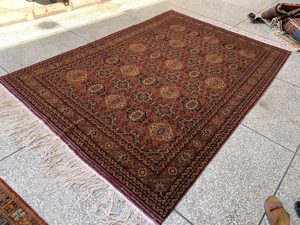 7x10ft Handmade Beljik Mazar Rug –Rust & Beige Afghan Wool Carpet, Tribal Geometric Pattern, High-Quality Area Rug for Living Room or Office