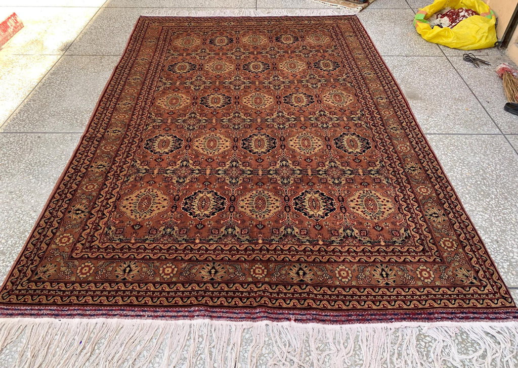 7x10ft Handmade Beljik Mazar Rug –Rust & Beige Afghan Wool Carpet, Tribal Geometric Pattern, High-Quality Area Rug for Living Room or Office