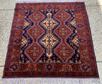 4x5ft, Handmade Square Rug – Red, Beige & Blue Wool Area Carpet, Afghan Tribal Oriental Design, Small Room or Entryway Rug, dining table rug