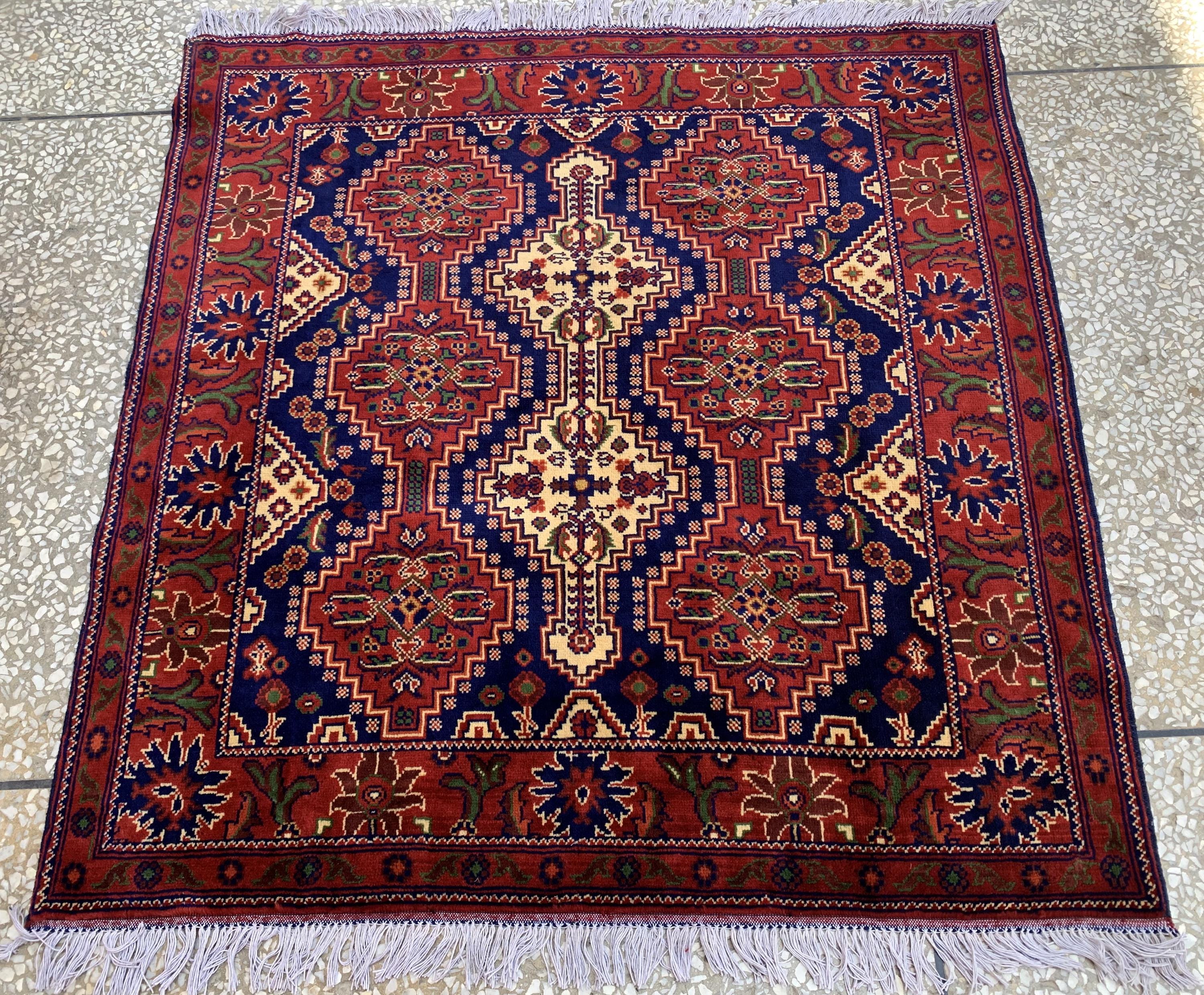 4x5ft, Handmade Square Rug – Red, Beige & Blue Wool Area Carpet, Afghan Tribal Oriental Design, Small Room or Entryway Rug, dining table rug