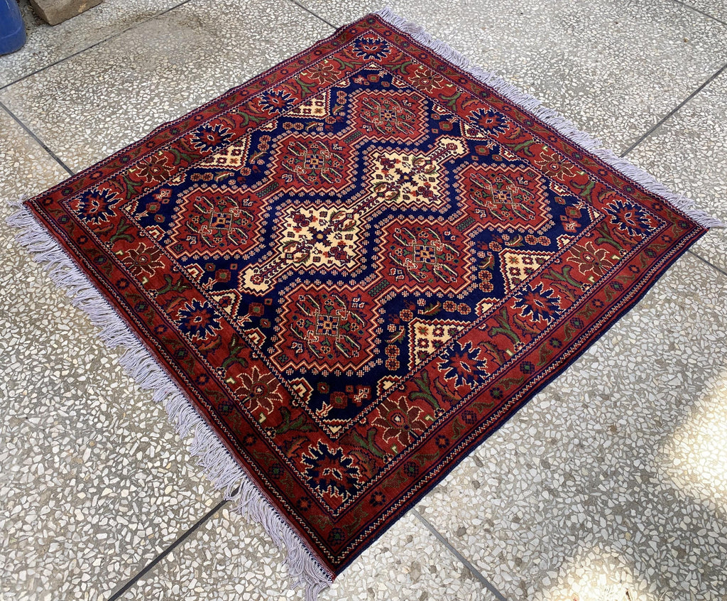 4x5ft, Handmade Square Rug – Red, Beige & Blue Wool Area Carpet, Afghan Tribal Oriental Design, Small Room or Entryway Rug, dining table rug