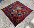 4x5ft, Handmade Square Rug – Red, Beige & Blue Wool Area Carpet, Afghan Tribal Oriental Design, Small Room or Entryway Rug, dining table rug