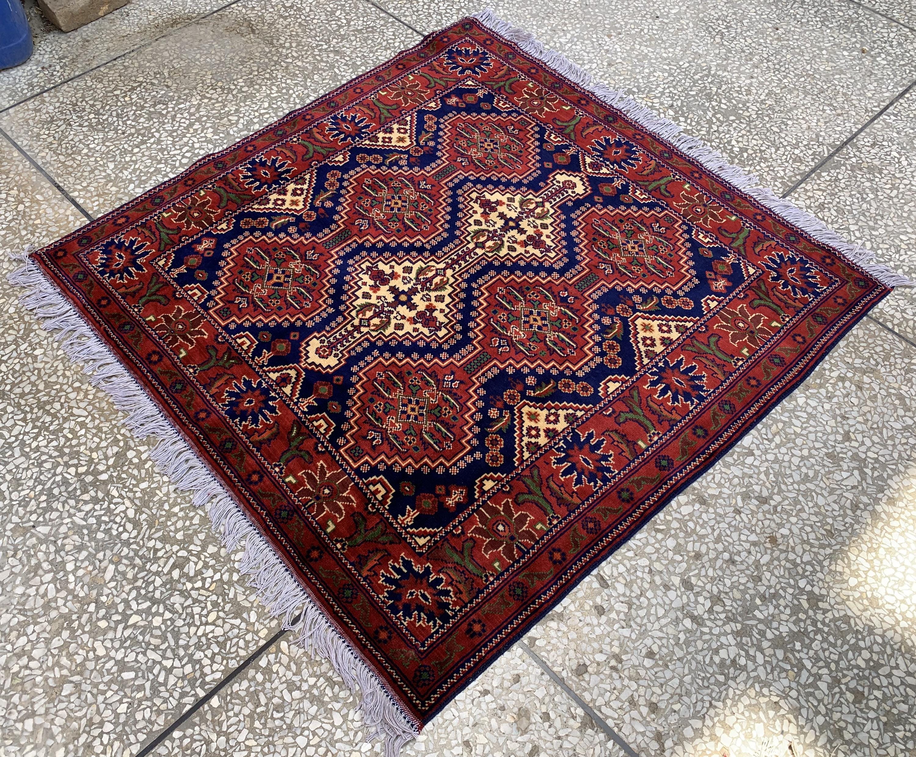 4x5ft, Handmade Square Rug – Red, Beige & Blue Wool Area Carpet, Afghan Tribal Oriental Design, Small Room or Entryway Rug, dining table rug