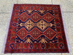 4x5ft, Handmade Square Rug – Red, Beige & Blue Wool Area Carpet, Afghan Tribal Oriental Design, Small Room or Entryway Rug, dining table rug
