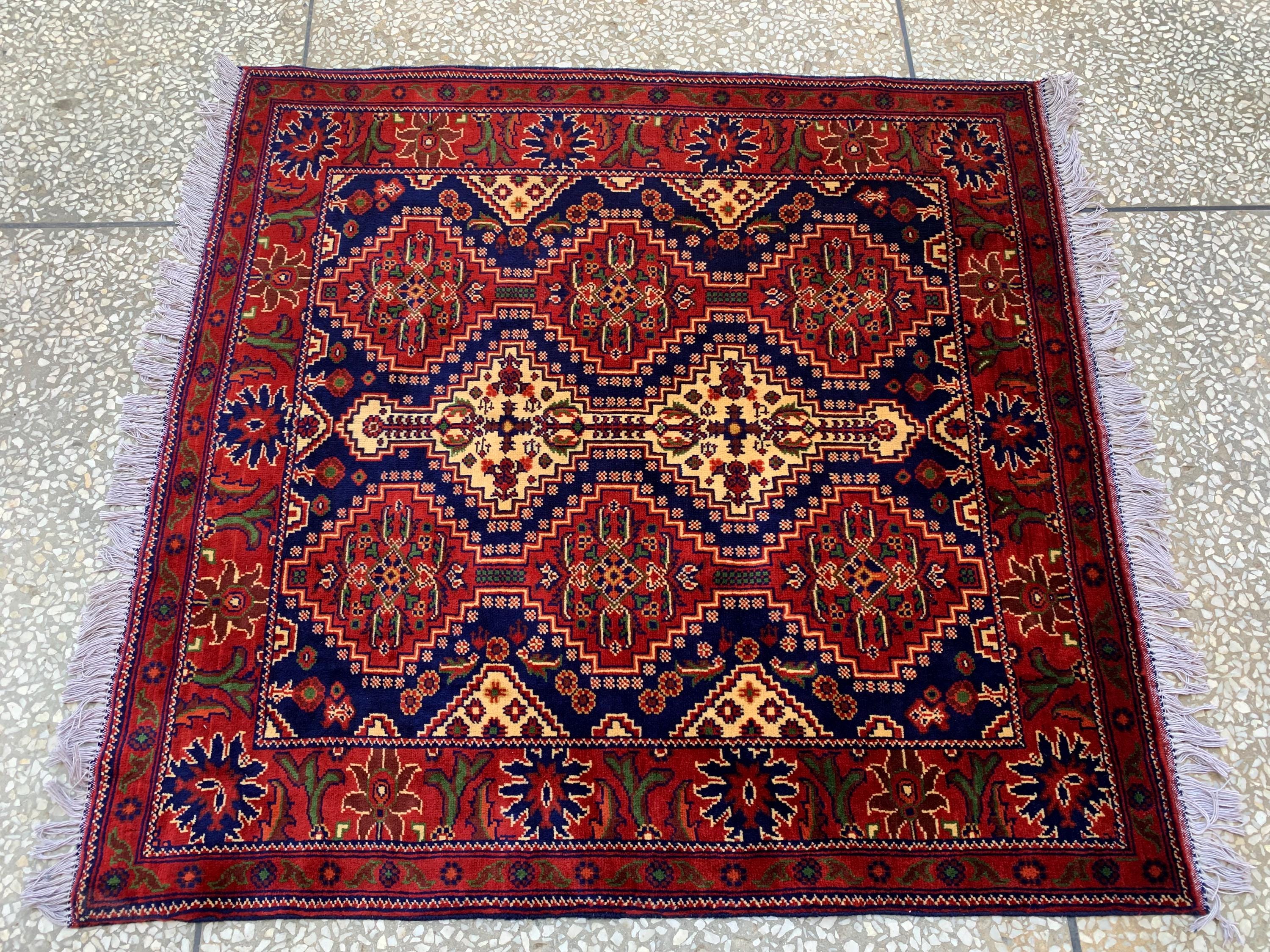 4x5ft, Handmade Square Rug – Red, Beige & Blue Wool Area Carpet, Afghan Tribal Oriental Design, Small Room or Entryway Rug, dining table rug