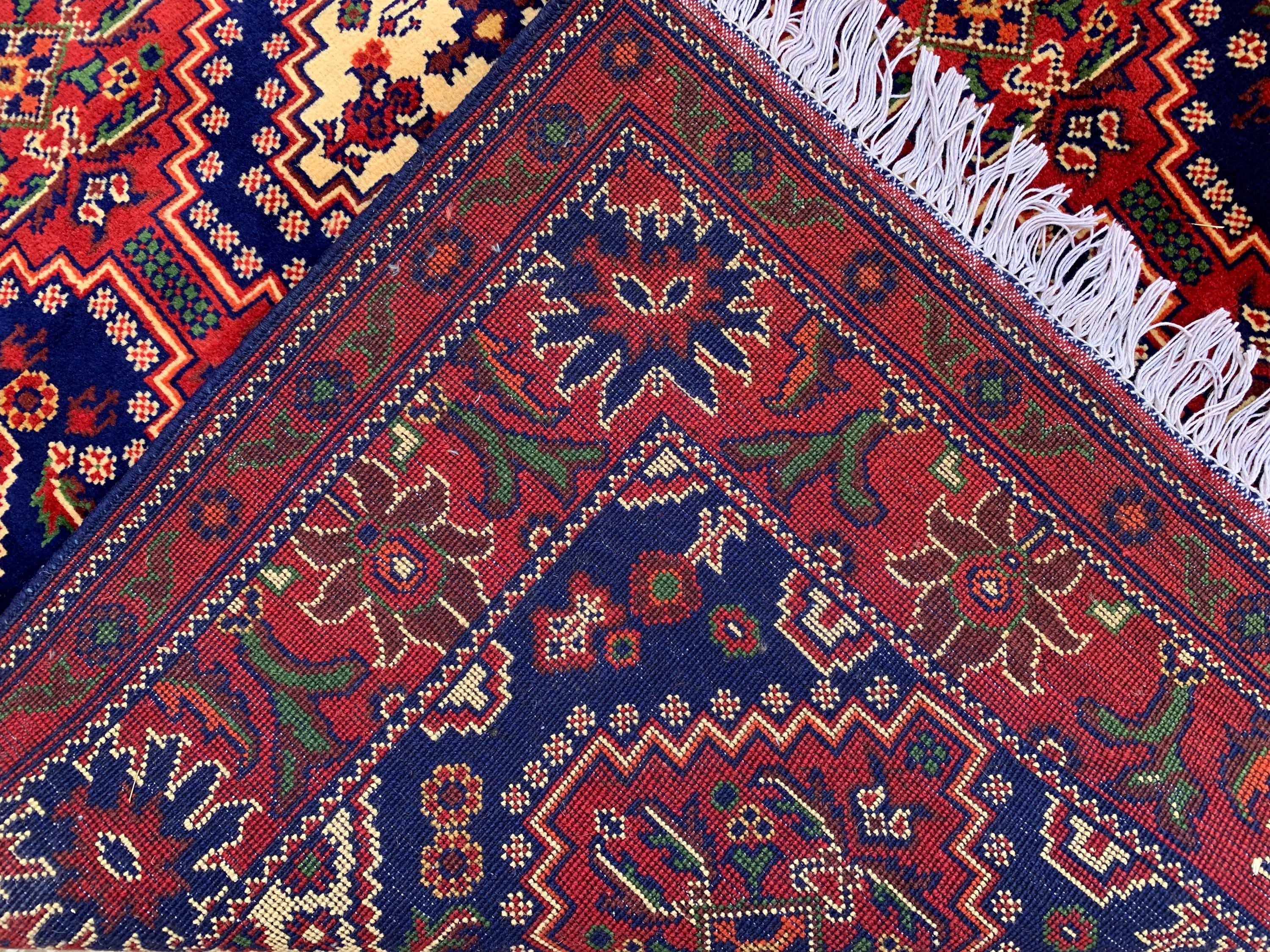 4x5ft, Handmade Square Rug – Red, Beige & Blue Wool Area Carpet, Afghan Tribal Oriental Design, Small Room or Entryway Rug, dining table rug