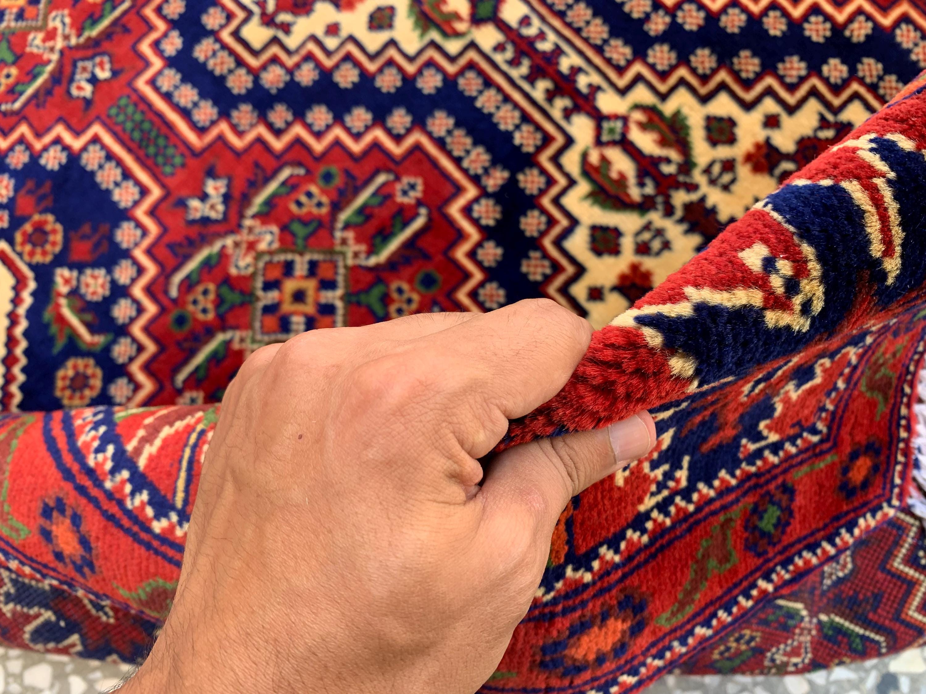 4x5ft, Handmade Square Rug – Red, Beige & Blue Wool Area Carpet, Afghan Tribal Oriental Design, Small Room or Entryway Rug, dining table rug
