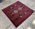 4x5ft, Handmade Square Rug – Red, Beige & Blue Wool Area Carpet, Afghan Tribal Oriental Design, Small Room or Entryway Rug, dining table rug