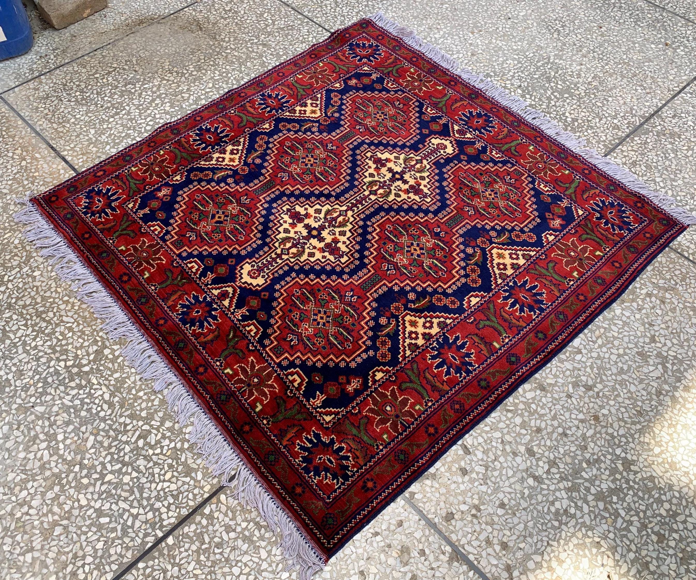 4x5ft, Handmade Square Rug – Red, Beige & Blue Wool Area Carpet, Afghan Tribal Oriental Design, Small Room or Entryway Rug, dining table rug