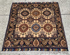 4x4ft, Multicolor Square Mazari Rug –Turkmen Handmade Afghan Wool Area Carpet, Tribal Pattern, Small Room or Entryway Accent Rug 131x131cm