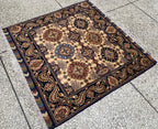 4x4ft, Multicolor Square Mazari Rug –Turkmen Handmade Afghan Wool Area Carpet, Tribal Pattern, Small Room or Entryway Accent Rug 131x131cm