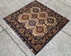4x4ft, Multicolor Square Mazari Rug –Turkmen Handmade Afghan Wool Area Carpet, Tribal Pattern, Small Room or Entryway Accent Rug 131x131cm
